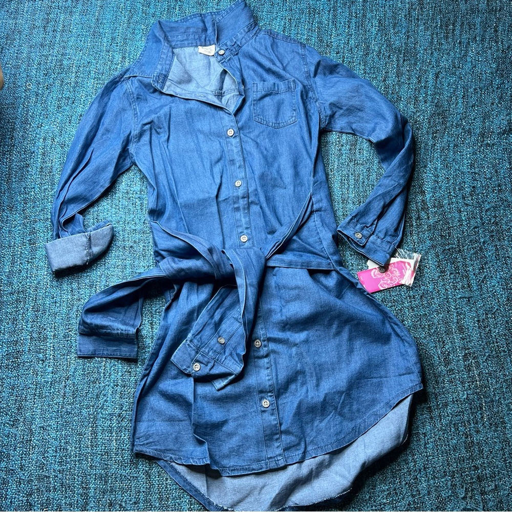 Wallflower Youth Girl's Chambray Button Front Shirt Dress Tie Waist Medium 10/12